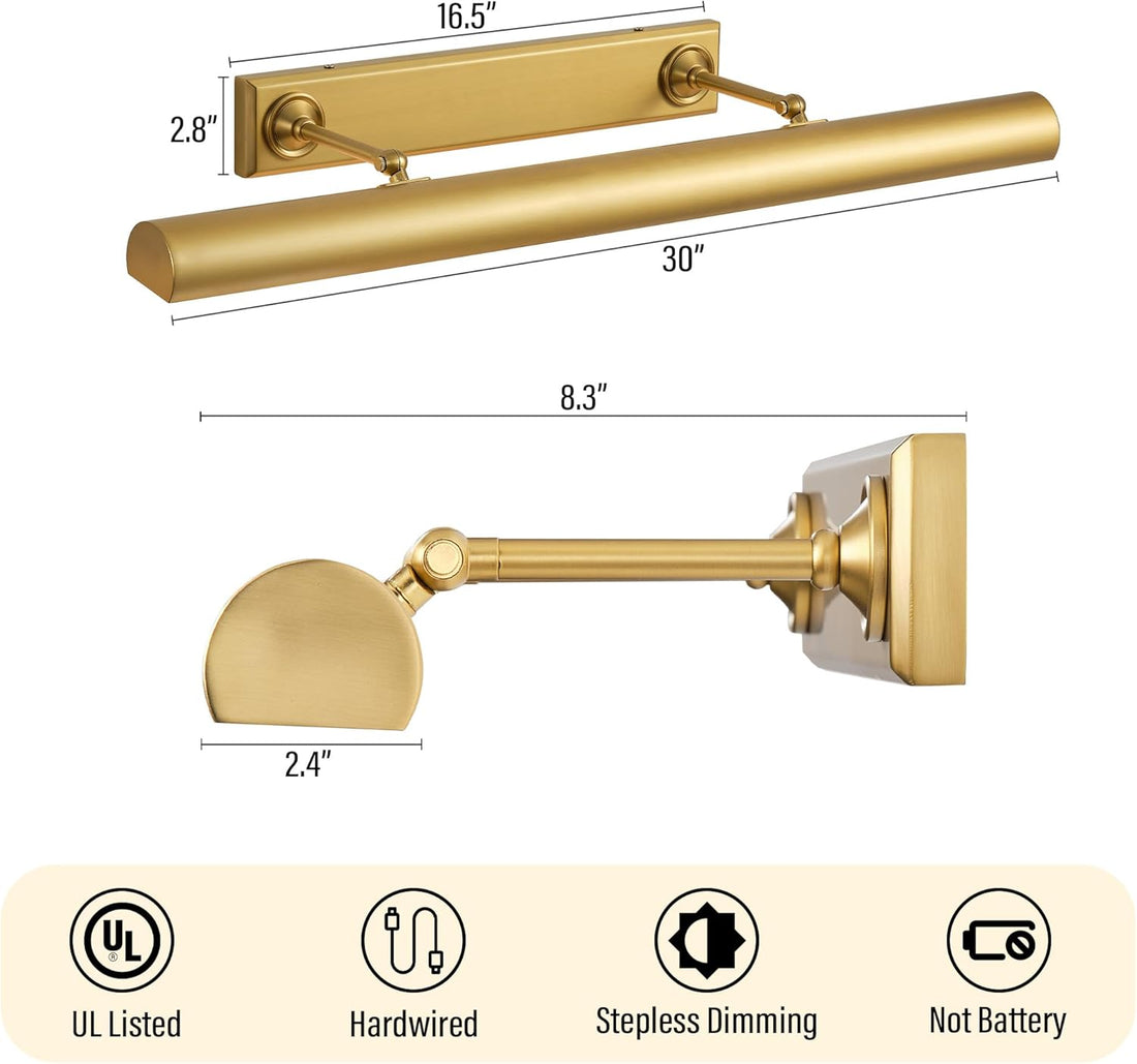 Brass Picture Light for Wall, 30in Brass Picture Lights Hardwired, 4- Light Gold Modern Art Light, 270° Rotatable Painting Lighting Over Frame for Living Room, Bookcase, Artwork- Upgraded