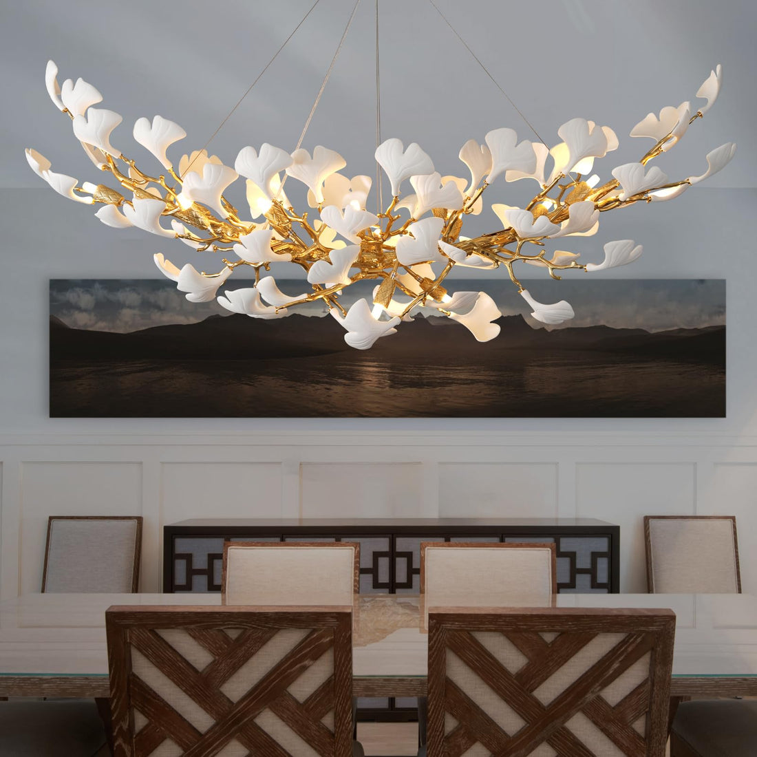 Gold Tree Branches Chandeliers for Dining Room, Sputnik Chandelier, 23.6''Modern Rounde Ceramic Ginkgo Leaf Chandelier, Dining Room Chandelier Over Table, for Living, Foyer, Kitchen, Bathroom, Bedroom