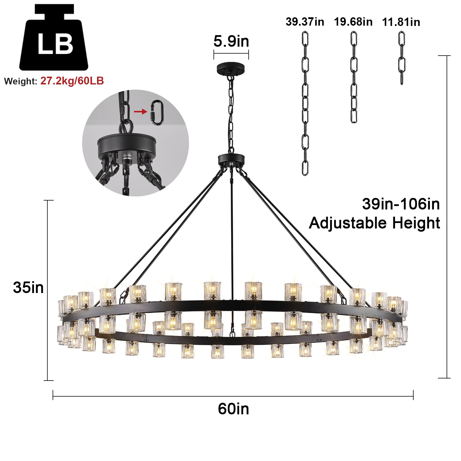 48 Inch Black Wagon Wheel Chandelier with Crystal Shade, 48 Lights, Modern Farmhouse Style, Ideal for Dining Room, Kitchen, Entryways - Camilalamps - B0DPJY8R54