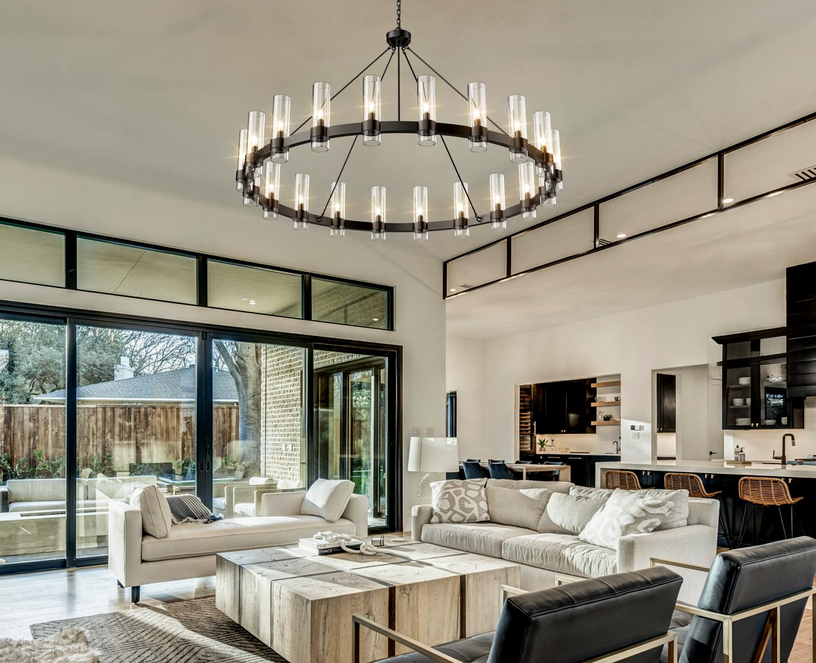 60 Inch Gold Chandelier, Wagon Wheel Chandelier with Glass Shade, 20 - Lights Large Round Modern Farmhouse High Ceiling Pendant Lighting Fixture for Dining Room, Living Room, Kitchen, Foyer - Camilalamps - B0CNRHR35D