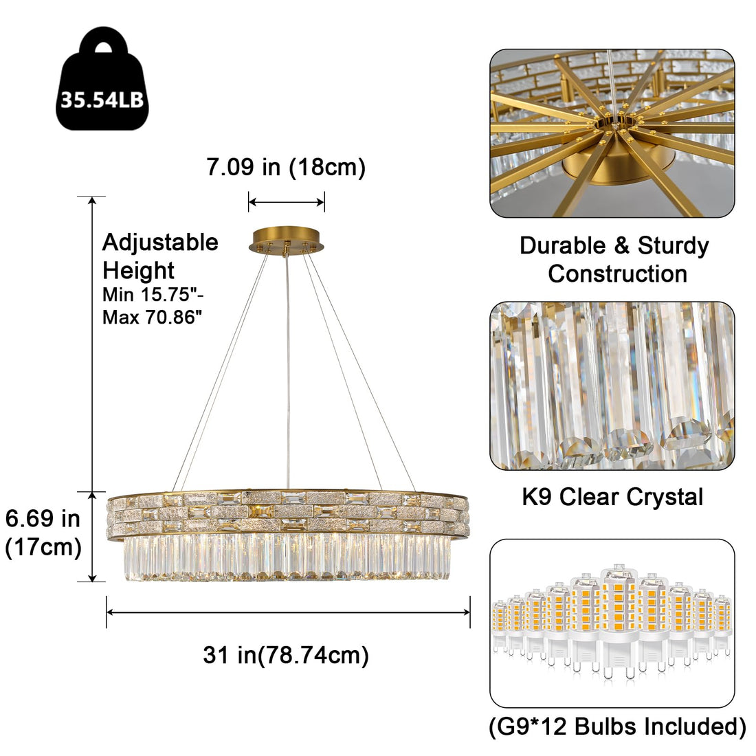 Crystal Chandeliers,31" Modern Gold Chandelier Pendant Light Fixture, Large Luxury Round Chandelier for Living Room Entryway