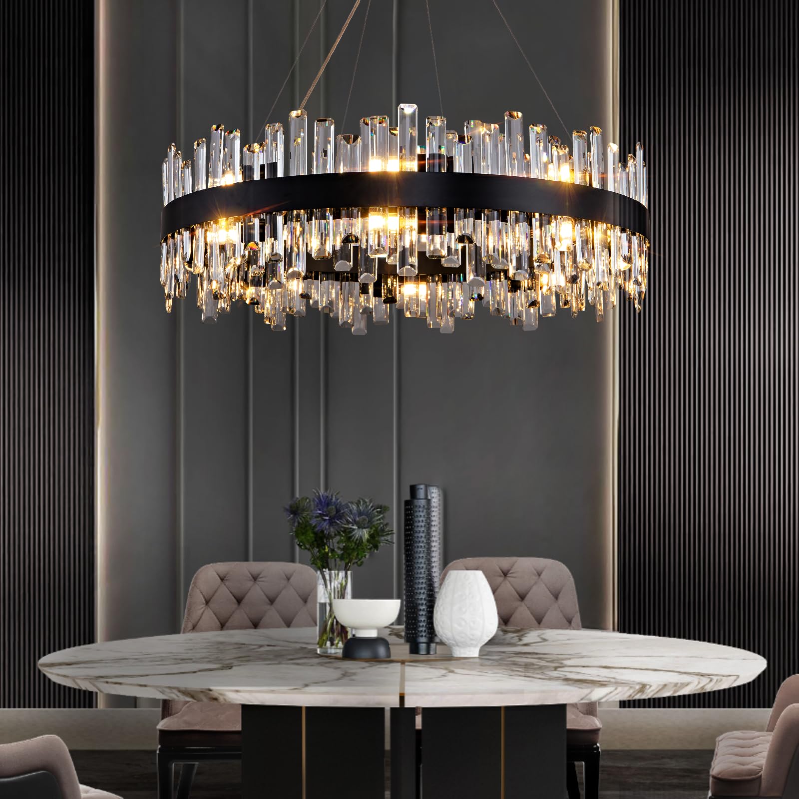 Chandelier for Dining Room, L35.4 Black Rectangle Crystal Chandelier Over Table, Modern 16-Light Large Crystal Chandeliers Ceiling Light, Pendant Light Fixture for Kitchen Island Living Room
