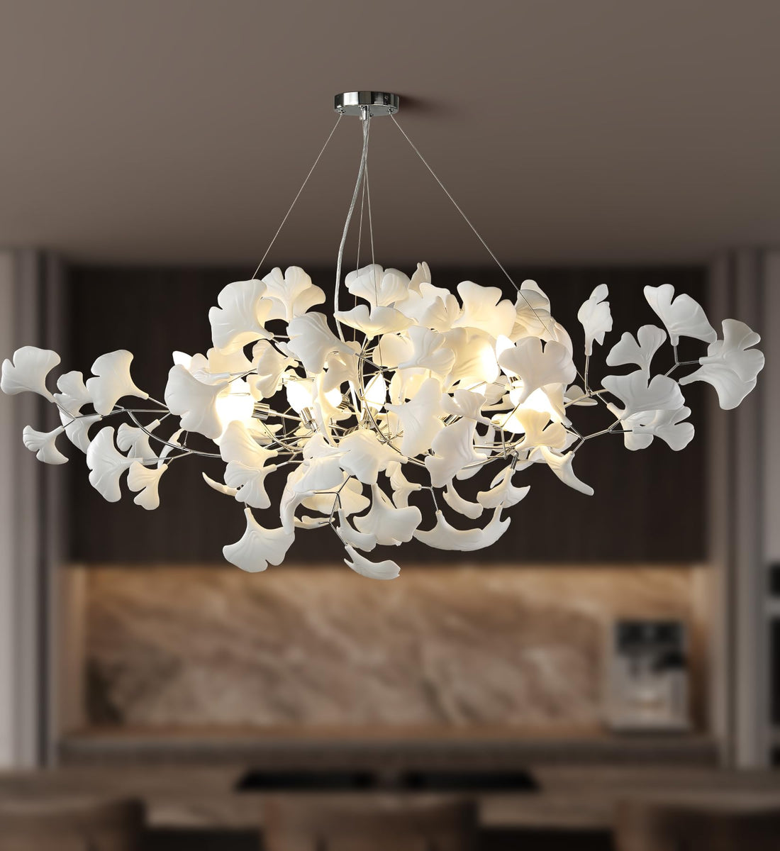 Tree Branch Chandelier White Ceramic Ginkgo Leaf Chandeliers, 6-Light L47.2 in Rectangle Height Adjustable Chandelier for Dining Room Lighting Fixtures Hanging, Living Room, Bedroom, Gold