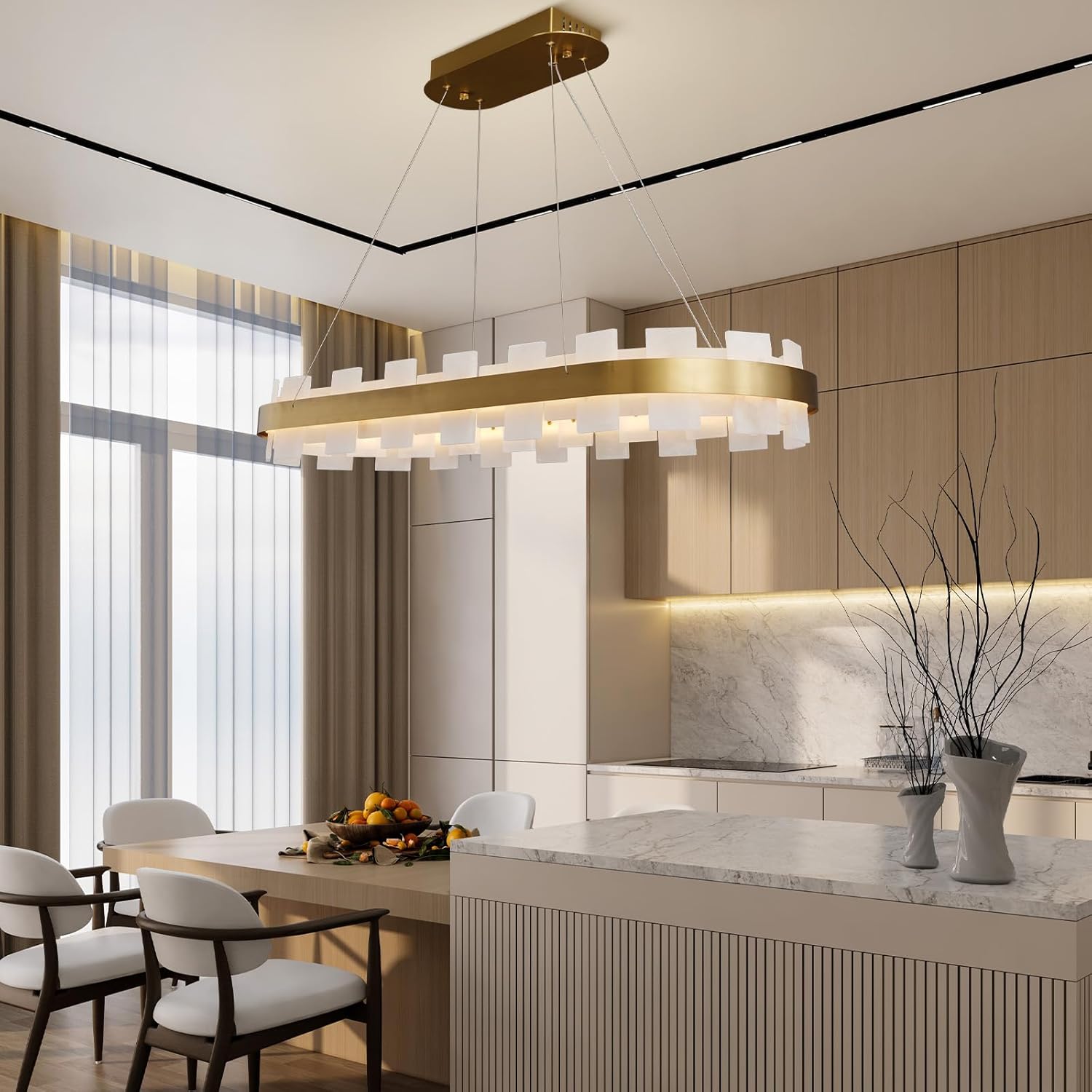 Luxury Adjustable Rectangle Alabaster Chandelier 37.4" Modern Ceiling Light - Camilalamps - CA-B0FNR1PXTZ