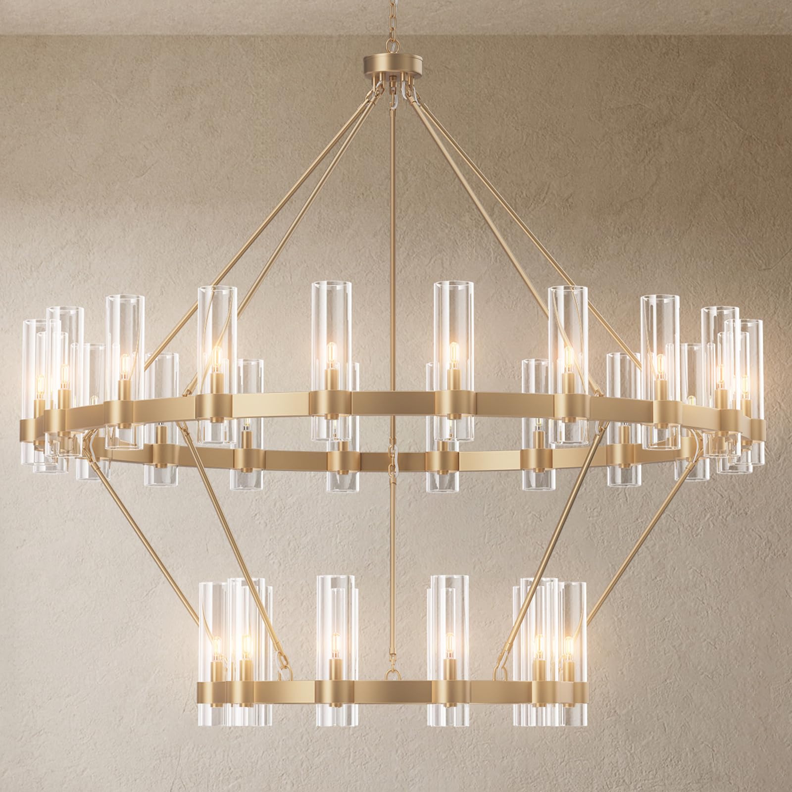 60 Inch Gold Chandelier, Wagon Wheel Chandelier with Glass Shade, 20 - Lights Large Round Modern Farmhouse High Ceiling Pendant Lighting Fixture for Dining Room, Living Room, Kitchen, Foyer - Camilalamps - B0D3C6WLFH