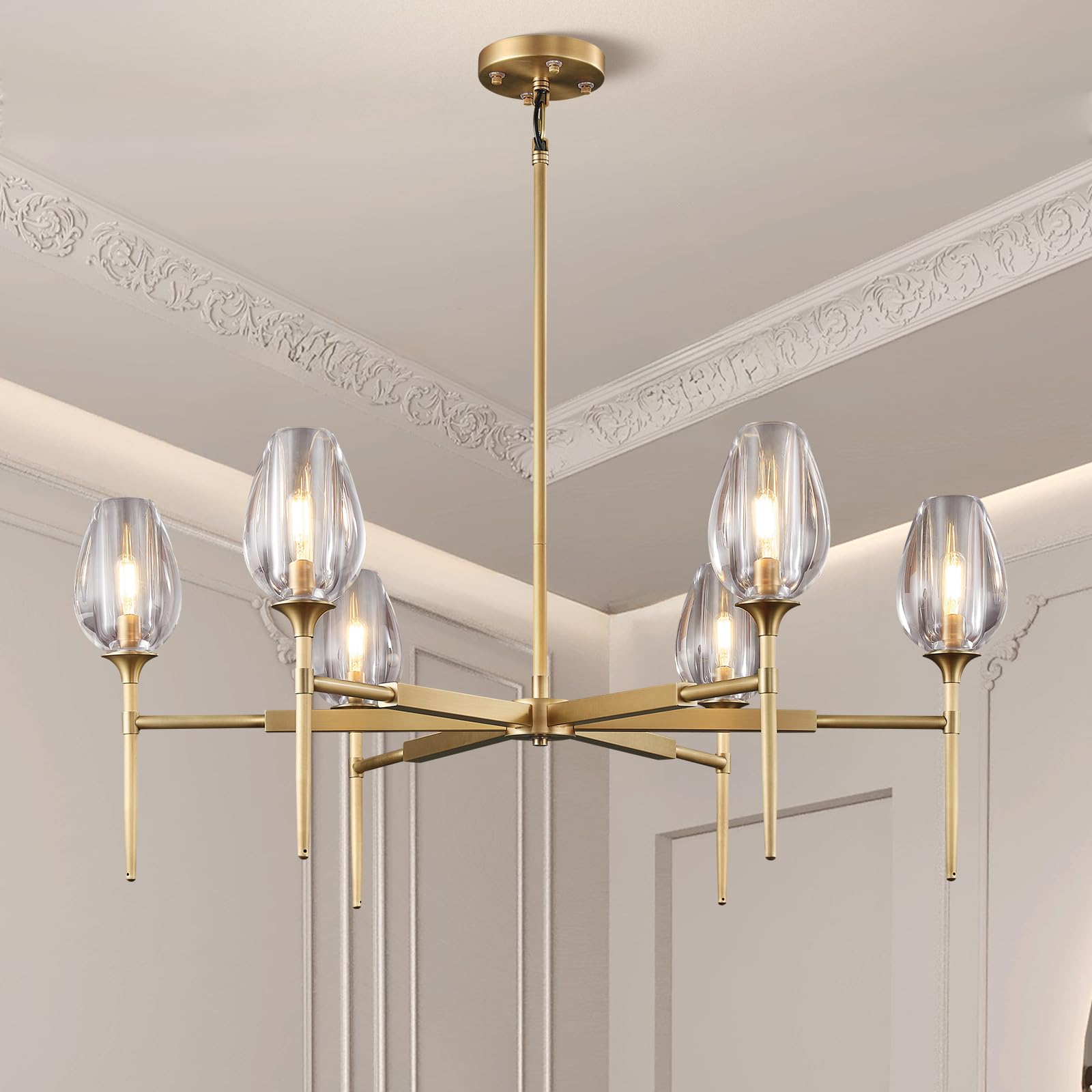 Crystal Chandelier, 52in Gold Tulip Rectangle K9 Crystal Chandelier, 8 Lights Brass Pendant Ceiling Light for Dining Living Room Bedroom Entryway, E12 Bulbs Included