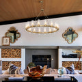 60 Inch Gold Chandelier, Wagon Wheel Chandelier with Glass Shade, 20 - Lights Large Round Modern Farmhouse High Ceiling Pendant Lighting Fixture for Dining Room, Living Room, Kitchen, Foyer - Camilalamps - B0CNRHR35D