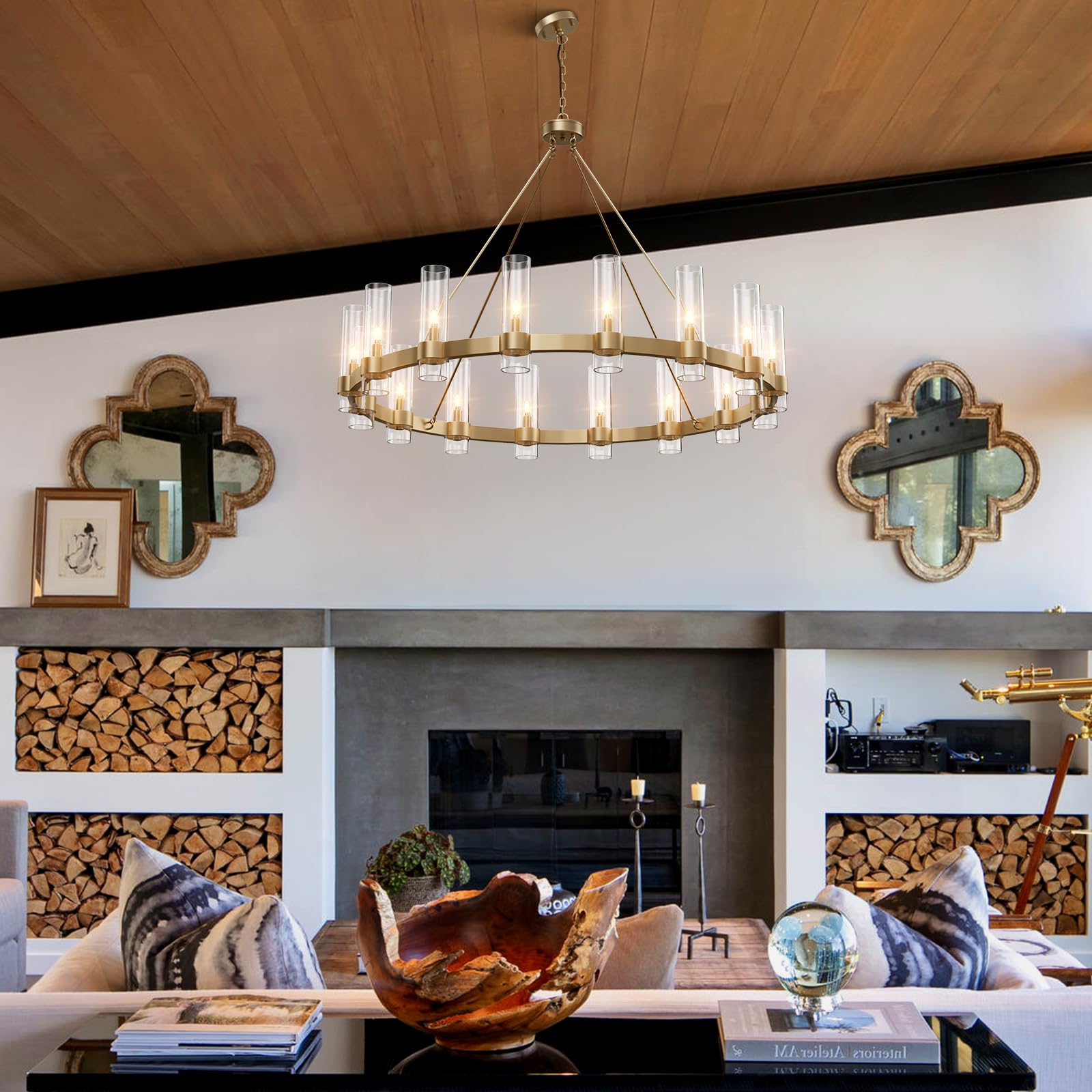 60 Inch Gold Chandelier, Wagon Wheel Chandelier with Glass Shade, 20 - Lights Large Round Modern Farmhouse High Ceiling Pendant Lighting Fixture for Dining Room, Living Room, Kitchen, Foyer - Camilalamps - B0CNRHR35D