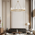 60 Inch Gold Chandelier, Wagon Wheel Chandelier with Glass Shade, 20 - Lights Large Round Modern Farmhouse High Ceiling Pendant Lighting Fixture for Dining Room, Living Room, Kitchen, Foyer - Camilalamps - B0CNRHR35D