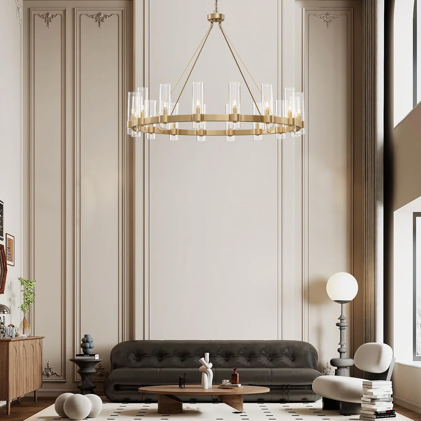 60 Inch Gold Chandelier, Wagon Wheel Chandelier with Glass Shade, 20 - Lights Large Round Modern Farmhouse High Ceiling Pendant Lighting Fixture for Dining Room, Living Room, Kitchen, Foyer - Camilalamps - B0CNRHR35D
