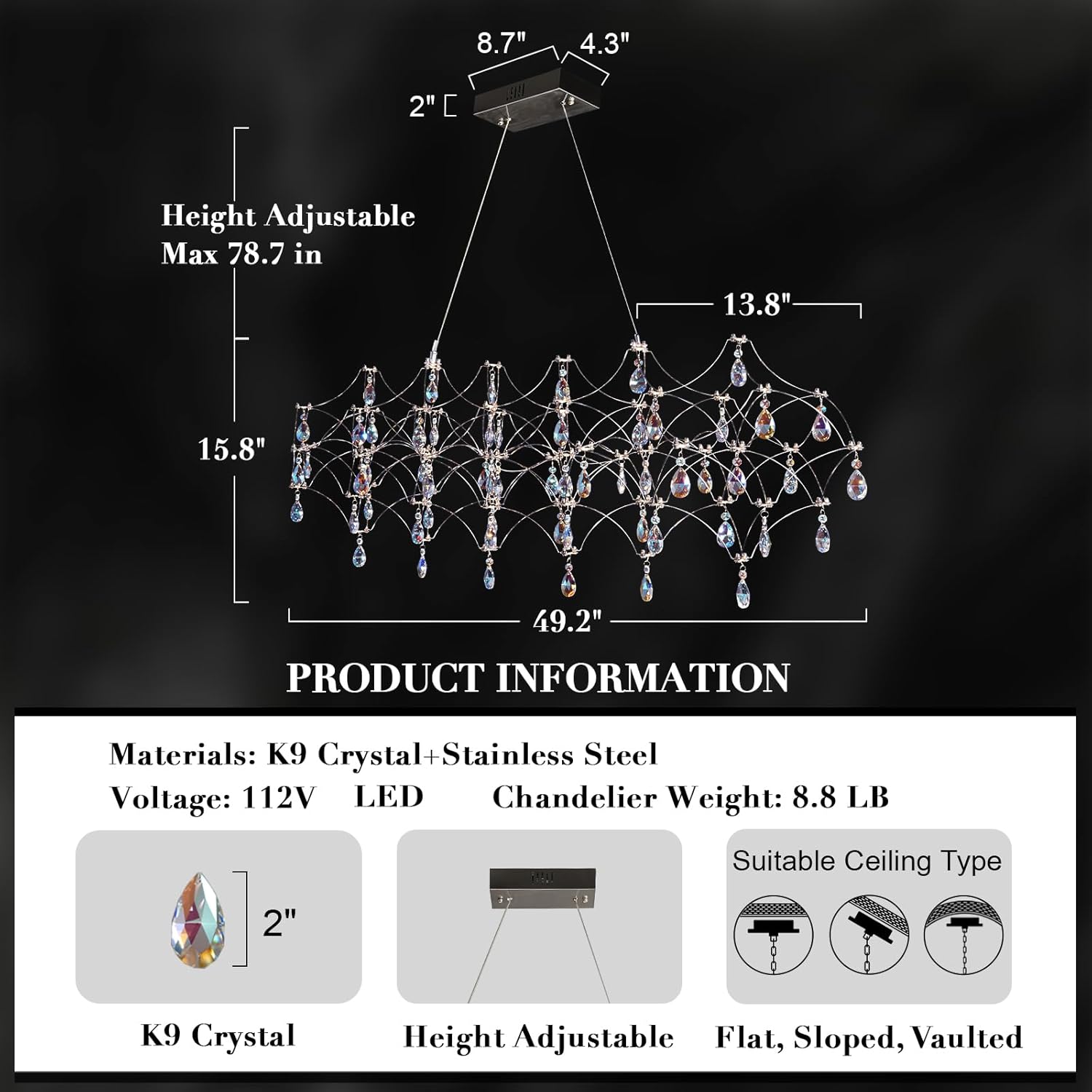 Large Silver Rectangle Crystal Chandelier 49.2" Modern Luxury Raindrop Light - Camilalamps - CA-B0FPM4W27R