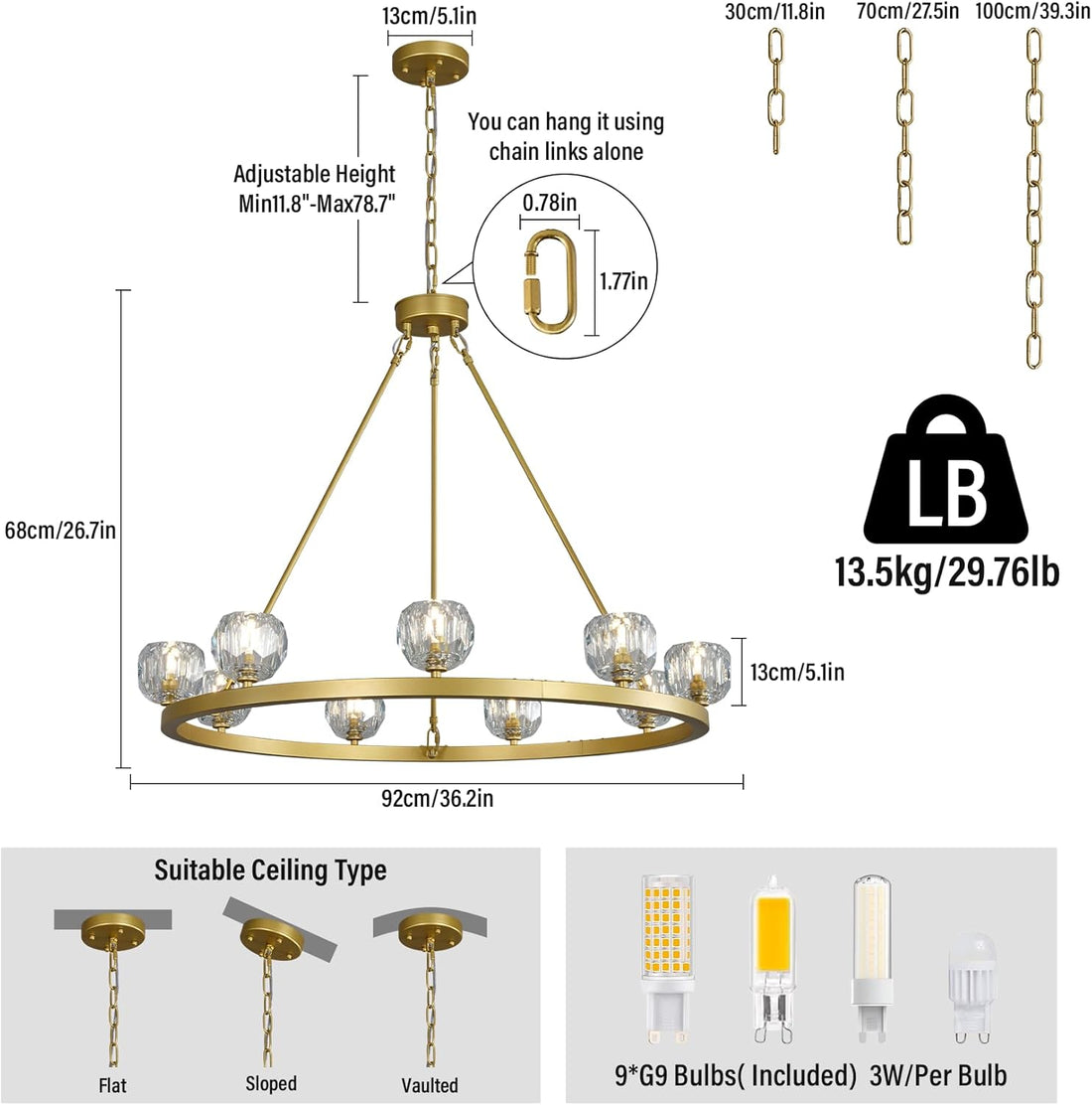 Gold Wagon Wheel Chandelier – 36" 9 - Light Crystal Fixture for Modern Homes - Camilalamps - CA-B0FDVZ41NC