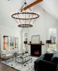 60 Inch Gold Chandelier, Wagon Wheel Chandelier with Glass Shade, 20 - Lights Large Round Modern Farmhouse High Ceiling Pendant Lighting Fixture for Dining Room, Living Room, Kitchen, Foyer - Camilalamps - B0CNRHR35D
