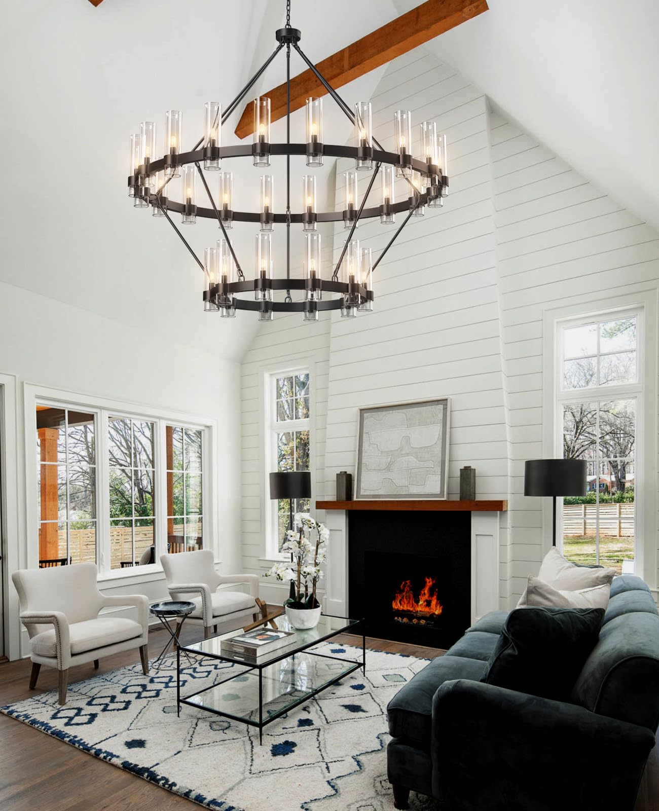 60 Inch Gold Chandelier, Wagon Wheel Chandelier with Glass Shade, 20 - Lights Large Round Modern Farmhouse High Ceiling Pendant Lighting Fixture for Dining Room, Living Room, Kitchen, Foyer - Camilalamps - B0CNRHR35D