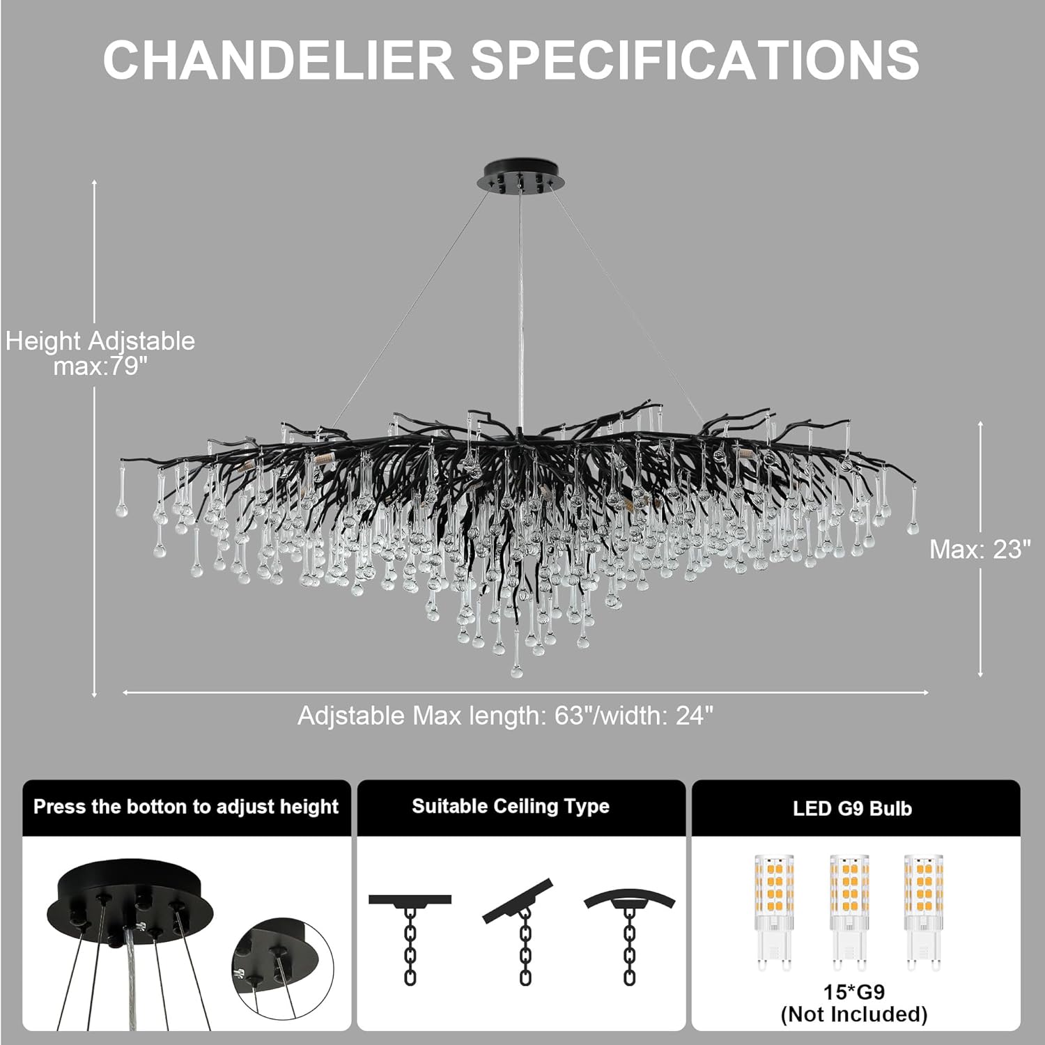 63" Black 15 - Light Modern Crystal Tree Branch Chandelier - Camilalamps - CA-B0BXN9SB16
