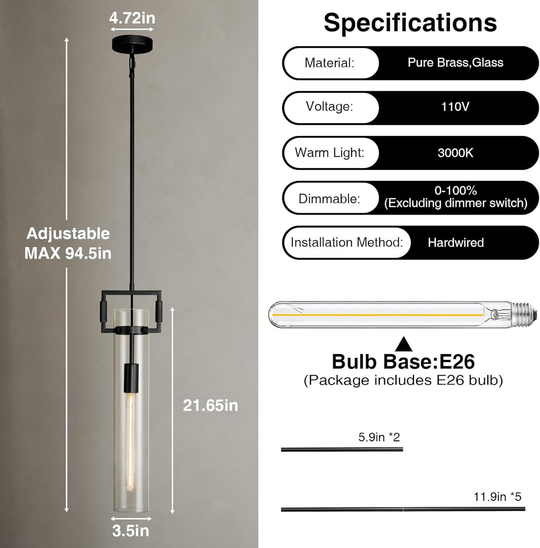 Modern Large Black Pendant Light Fixture Set of 2 - 21.6 Inch Adjustable Hanging Chandelier with Glass Shade & Brass Finish, Farmhouse Island Lighting for Kitchen, Dining Room, Bathroom - Camilalamps - CA-B0FGJ75LZ1