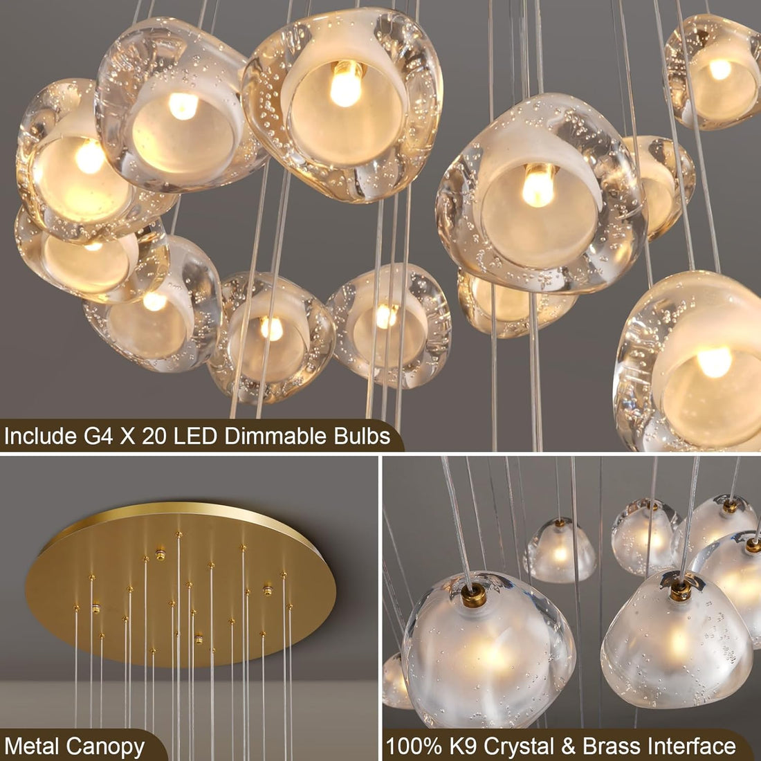 20 - Light Gold Crystal Staircase Chandelier with Adjustable Height - Camilalamps - CA-B0FMP2SYC6