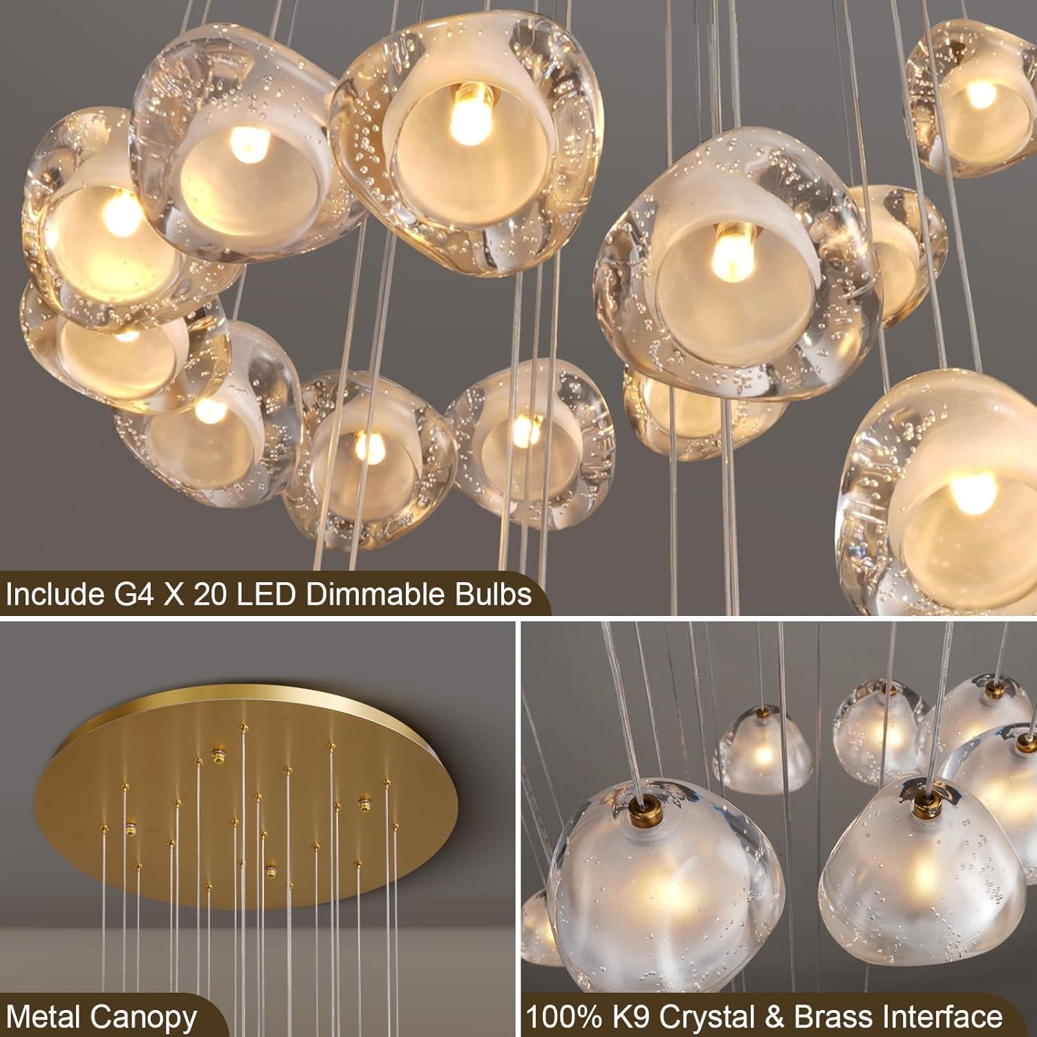 20 - Light Gold Crystal Staircase Chandelier with Adjustable Height - Camilalamps - CA-B0FMP2SYC6