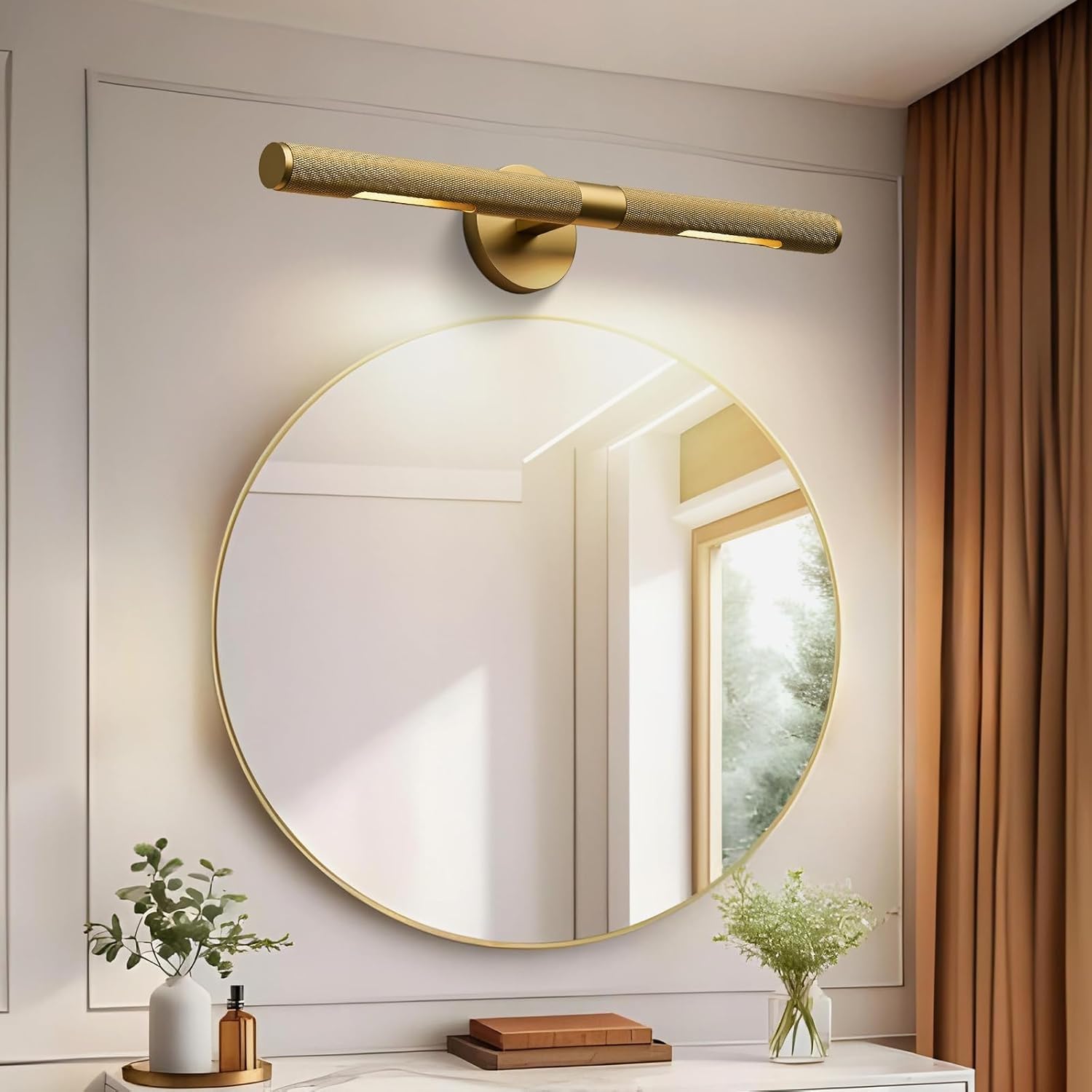 Gold Picture Light, 19in Hardwired Wall Lighting Brass Art Light for Paintings 360°Rotatable Dimmable Wall Sconce for Display, Gallery, Portraits, Dartboard, Bathroom, Bedroom-Gold