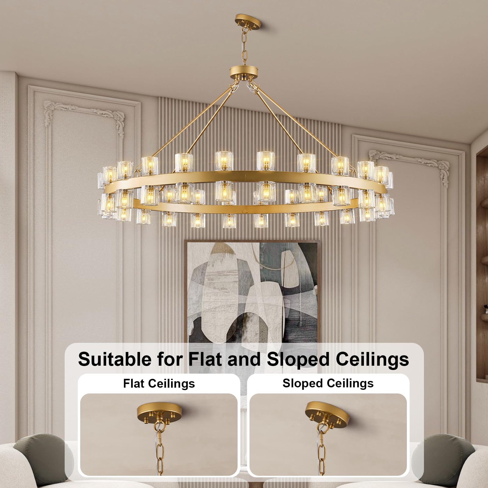 48 Inch Black Wagon Wheel Chandelier with Crystal Shade, 48 Lights, Modern Farmhouse Style, Ideal for Dining Room, Kitchen, Entryways - Camilalamps - B0DPJY8R54