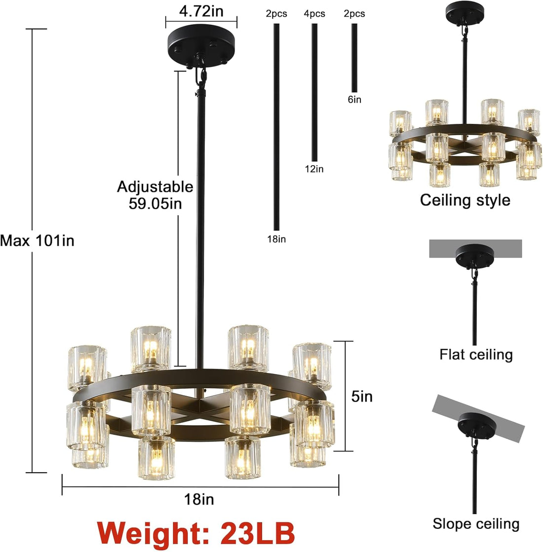Black Wagon Wheel Chandelier 18" Modern Farmhouse 16‑Light K9 Fixture - Camilalamps - CA-B0FCM5WX1G