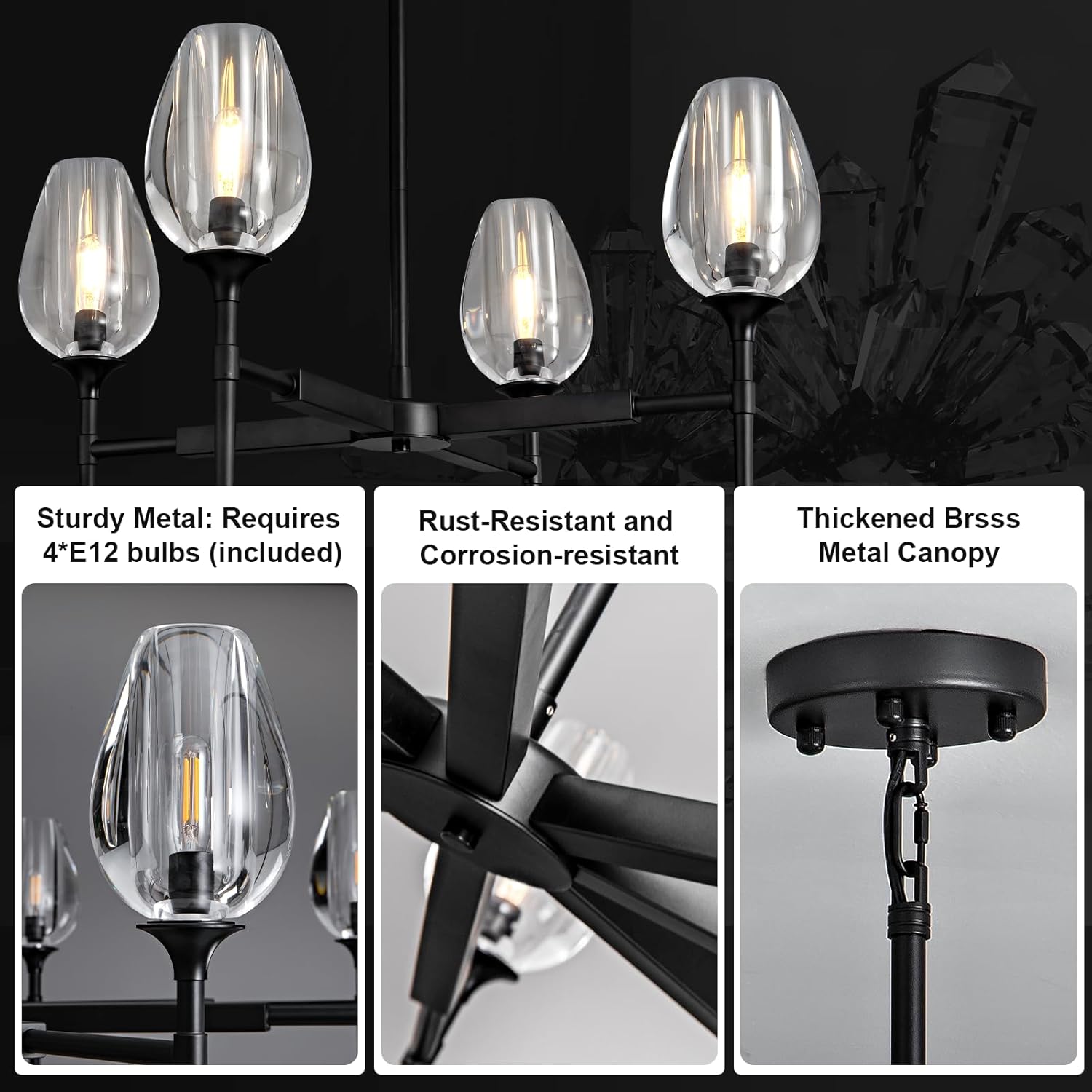 Crystal Black Adjustable 28" Tulip Pendant Chandelier with 4 Lights - Camilalamps - CA-B0DFPYKG3X