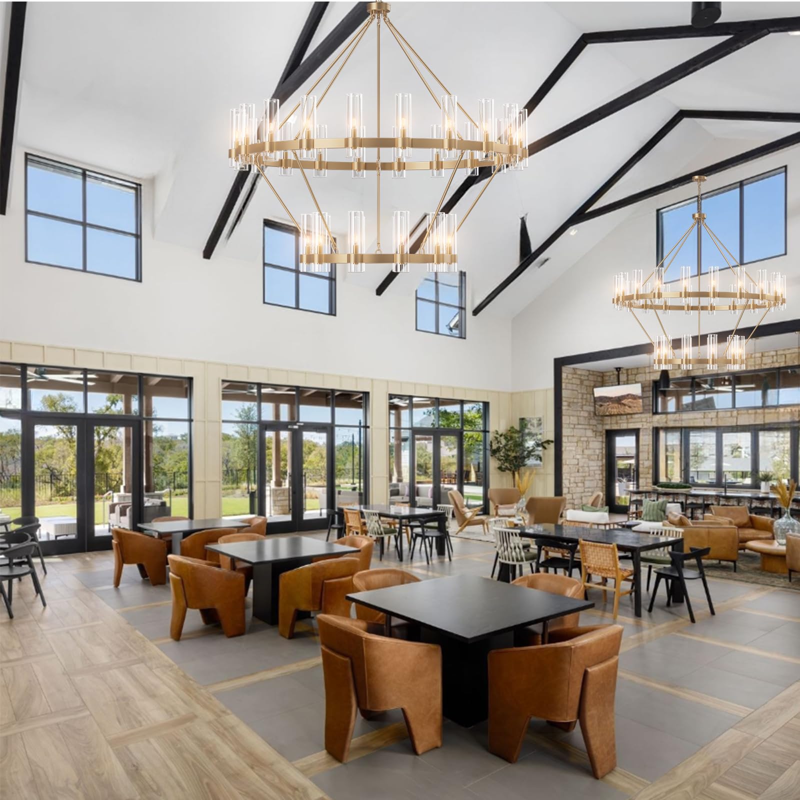 60 Inch Gold Chandelier, Wagon Wheel Chandelier with Glass Shade, 20 - Lights Large Round Modern Farmhouse High Ceiling Pendant Lighting Fixture for Dining Room, Living Room, Kitchen, Foyer - Camilalamps - B0CNRHR35D