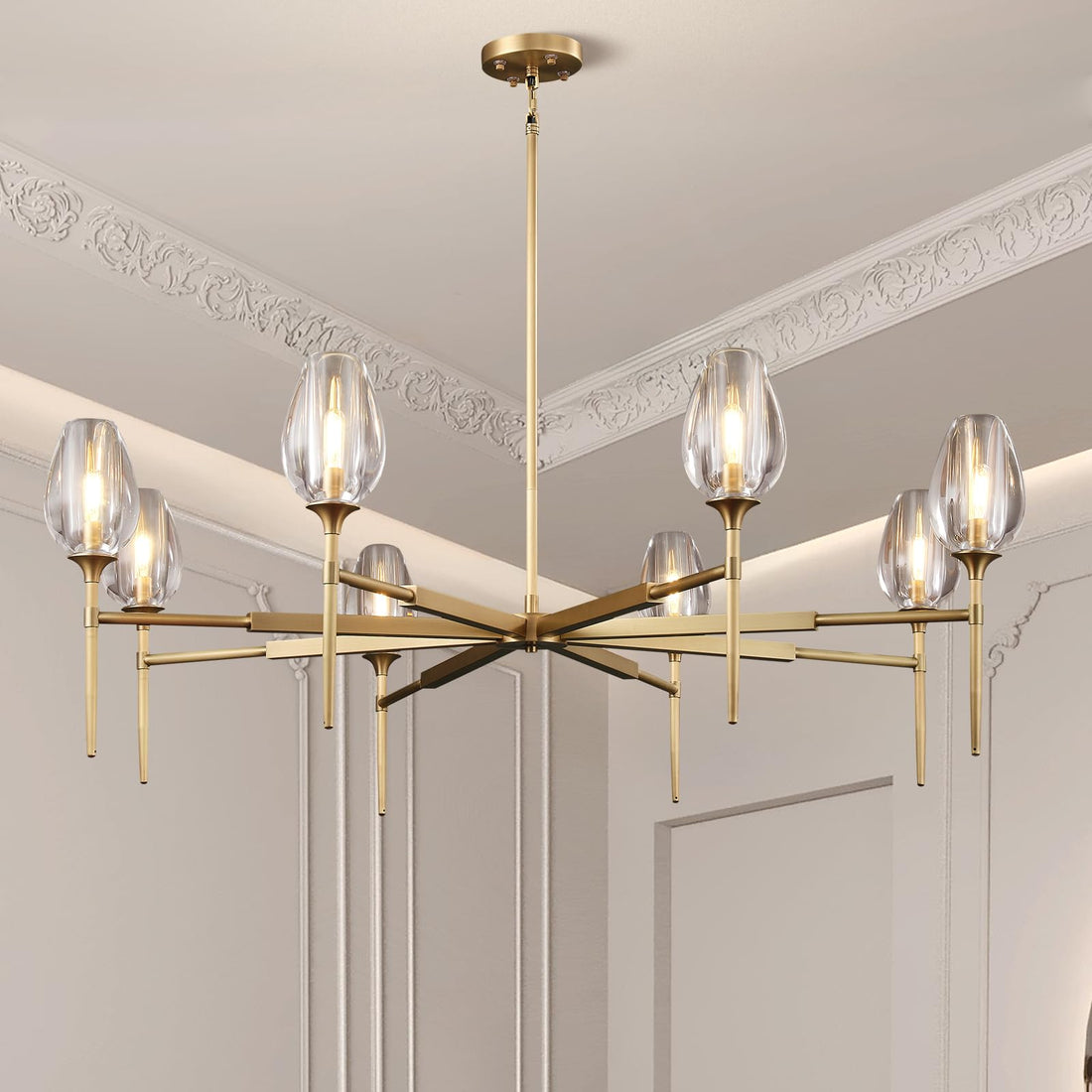 Modern Crystal Chandelier 6 Lights Brass, 42in Gold Round K9 Crystal Chandelier,Pendant Ceiling Light for Dining Living Room Bedroom Entryway, E12 Bulbs Included