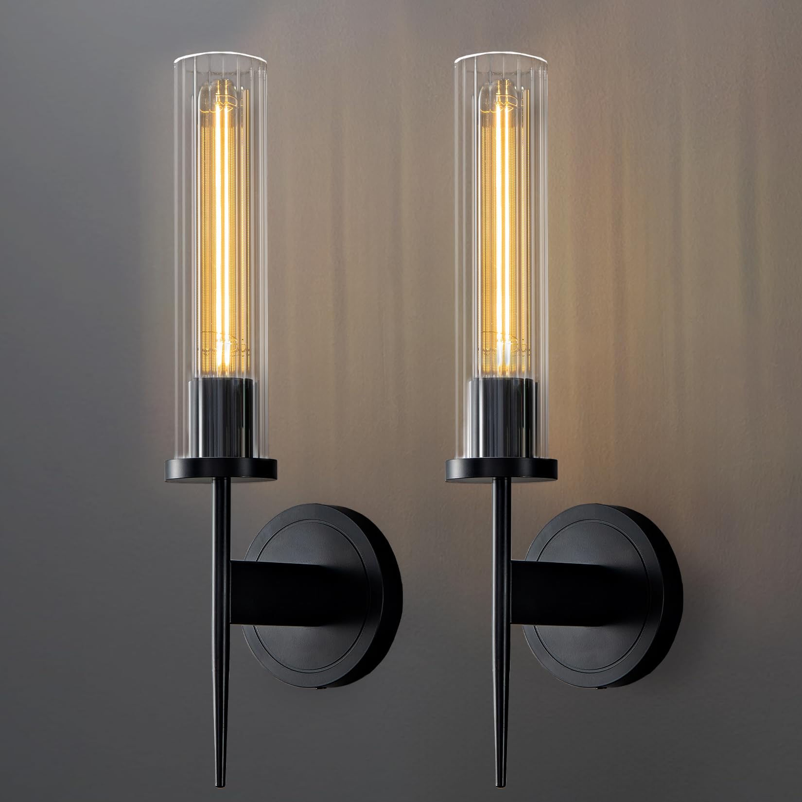 Wall Sconces Set of Two, 17.7'' Black Bathroom Wall Sconce Light with Glass Tube, 2-Light Sconces Wall Lighting Over Mirror Vanity Wall Lights for Living Room, Hallway, Bedroom, Staircase