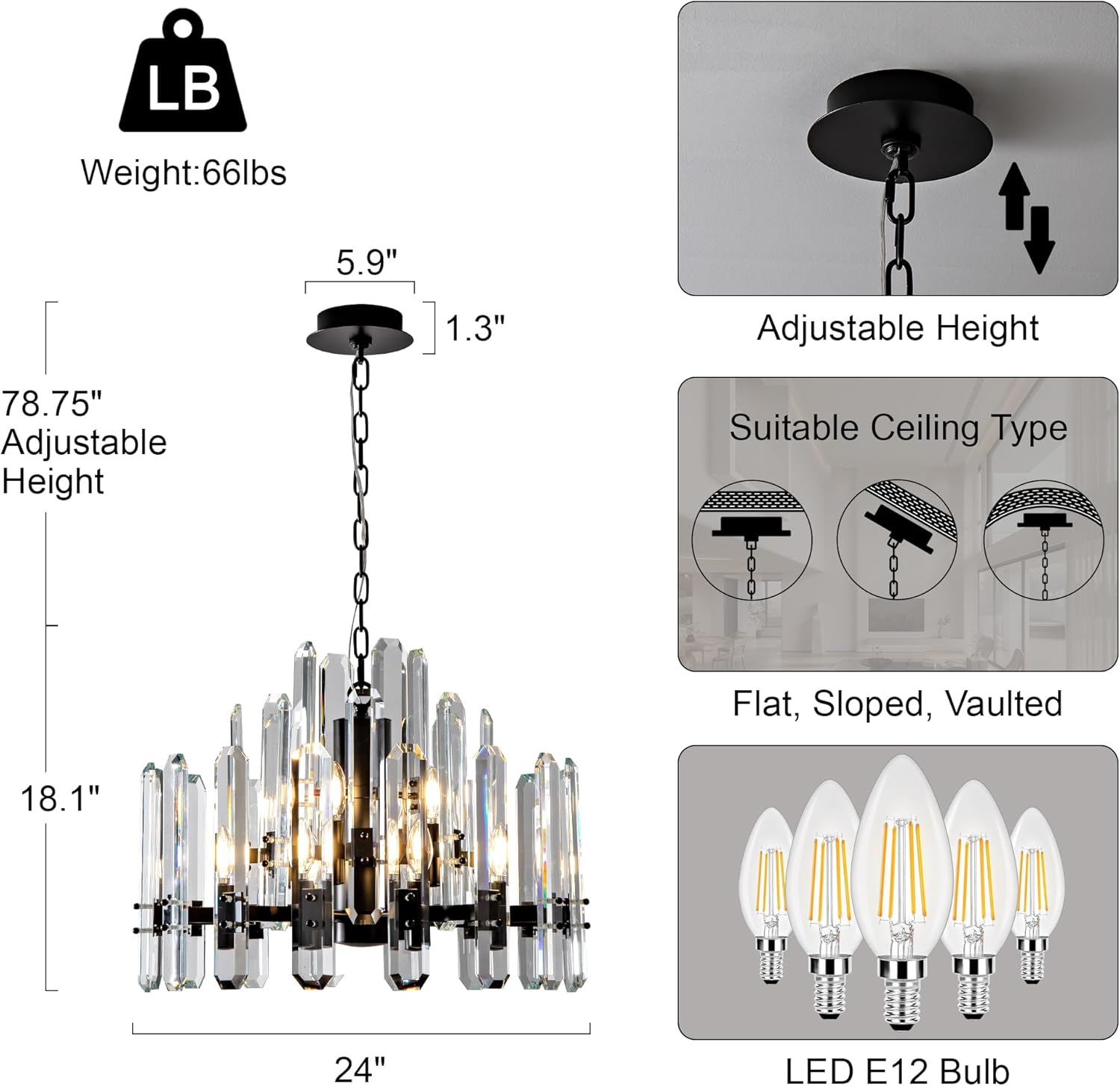 24" Black Modern Crystal Chandelier with Adjustable Height - Camilalamps - CA-B0FJFX93R1