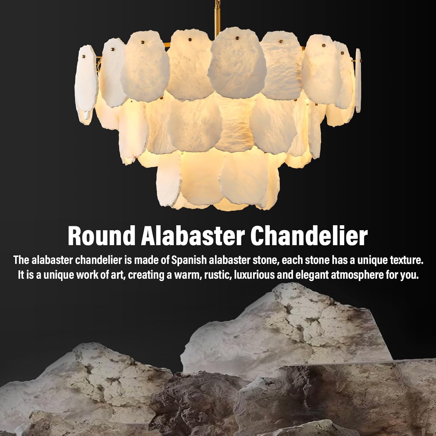 Luxury Alabaster Chandelier – 32" D, 15‑Bulb Natural Spanish Stone Light Fixture - Camilalamps - CA-B0FJG42QFJ