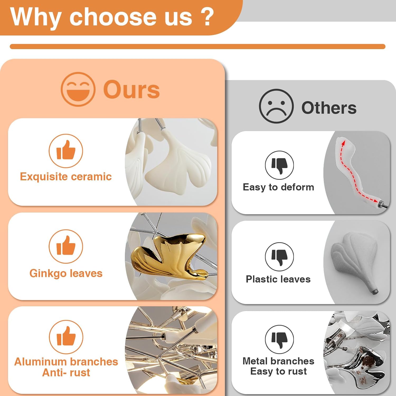 Silver Ceramic Ginkgo Leaf Branch Chandelier – 47.2" Brass Rectangle - Camilalamps - CA-B0DL9T23Q8