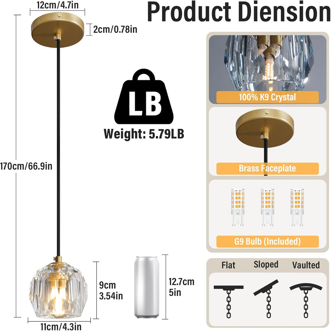 Crystal Pendant Light Kitchen Island, Adjustable Brass Pendant Light Fixtures, Indoor Modern Pendant Lights Over Island for Living Room, Dining Room, Bedroom, Bathroom(Bulb Included)