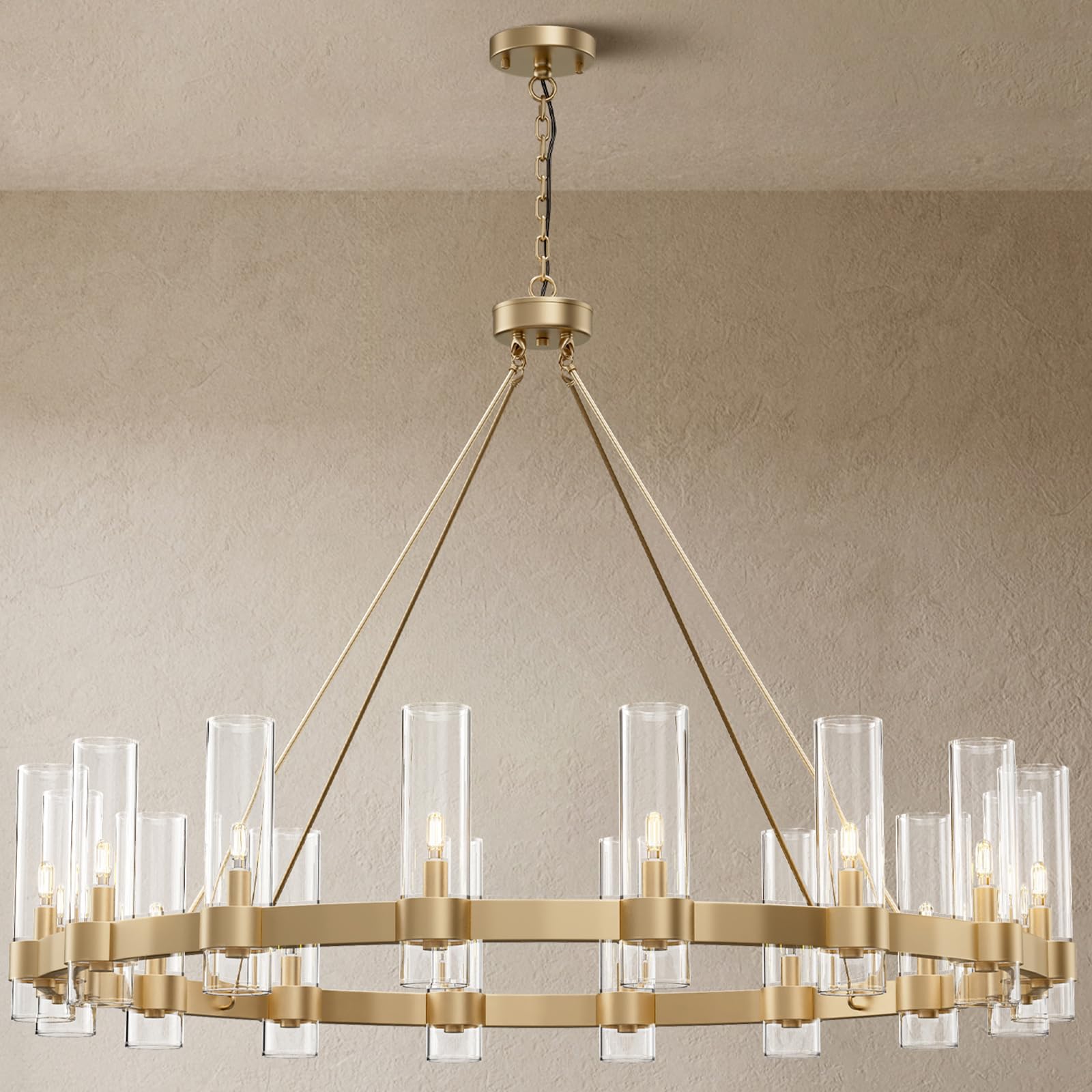 60 Inch Gold Chandelier, Wagon Wheel Chandelier with Glass Shade, 20 - Lights Large Round Modern Farmhouse High Ceiling Pendant Lighting Fixture for Dining Room, Living Room, Kitchen, Foyer - Camilalamps - B0CNRHWRKS