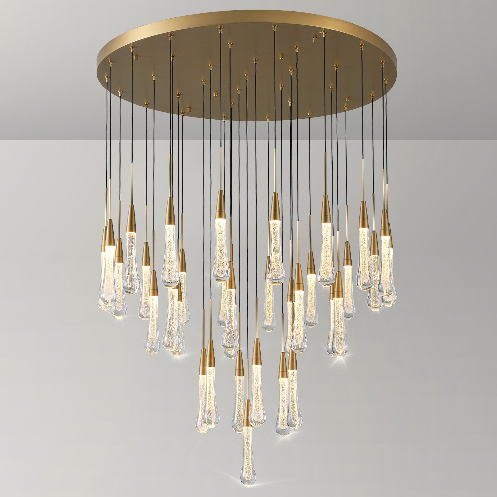 25-Lights Rectangle Gold Raindrop Chandelier with Glass, Luxury Farmhouse Large Linear Chandeliers for Dining Room Over Table, Brass Pendant Ceiling Light Fixture for Kitchen Island