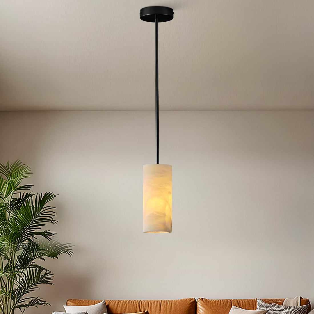 Alabaster Pendant Lights Kitchen Island, Black Hand Carved Alabaster Cylinder Pendent, Spanish Natural Marble Light Pendant for Bedroom Bathroom Dining Room Living Room (2 Pack)