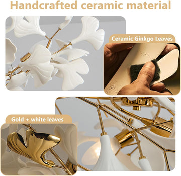 Silver Ceramic Ginkgo Leaf Tree Branch Chandelier – 40" Round Luxury Fixture - Camilalamps - CA-B0DKTGPPS1