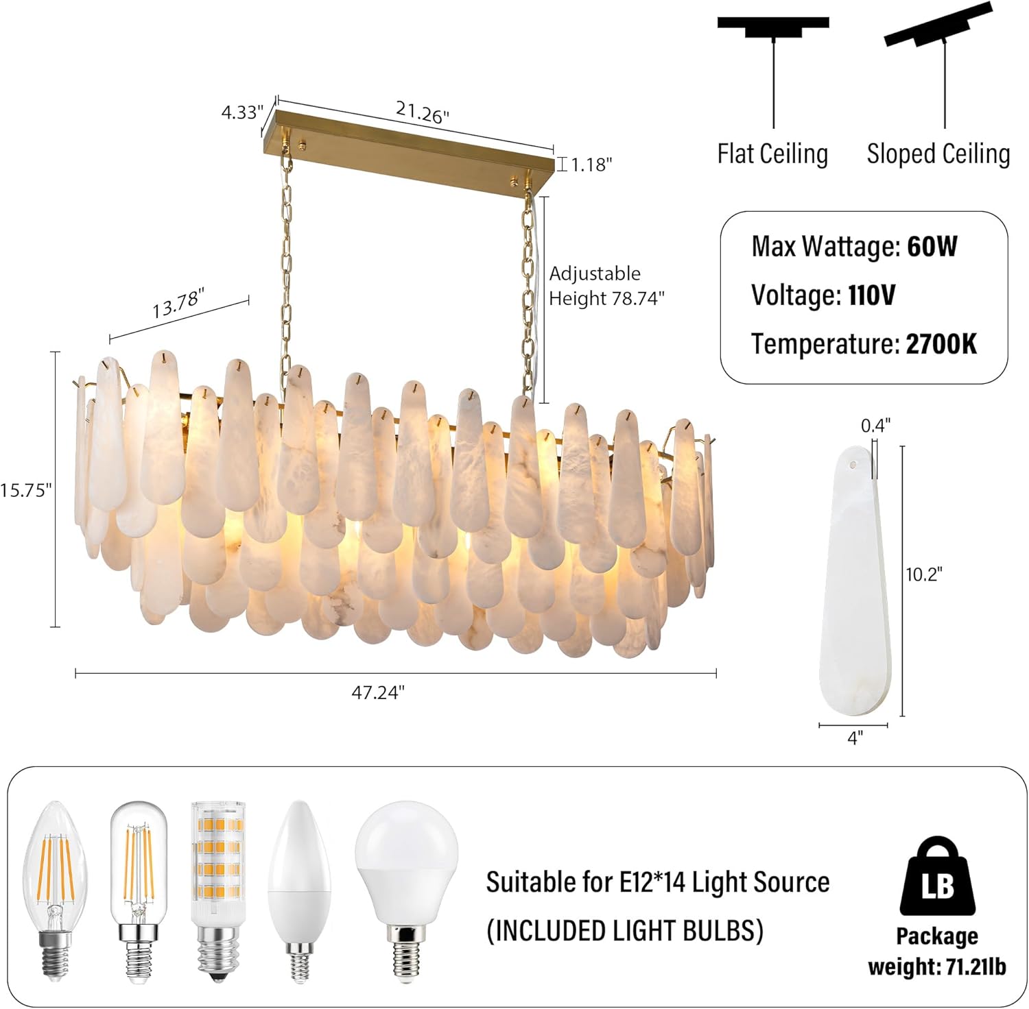Luxury Modern Alabaster Brass Rectangle Chandelier with Adjustable Height - Camilalamps - CA-B0FHQDKLKH