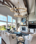 60 Inch Gold Chandelier, Wagon Wheel Chandelier with Glass Shade, 20 - Lights Large Round Modern Farmhouse High Ceiling Pendant Lighting Fixture for Dining Room, Living Room, Kitchen, Foyer - Camilalamps - B0CNRHR35D