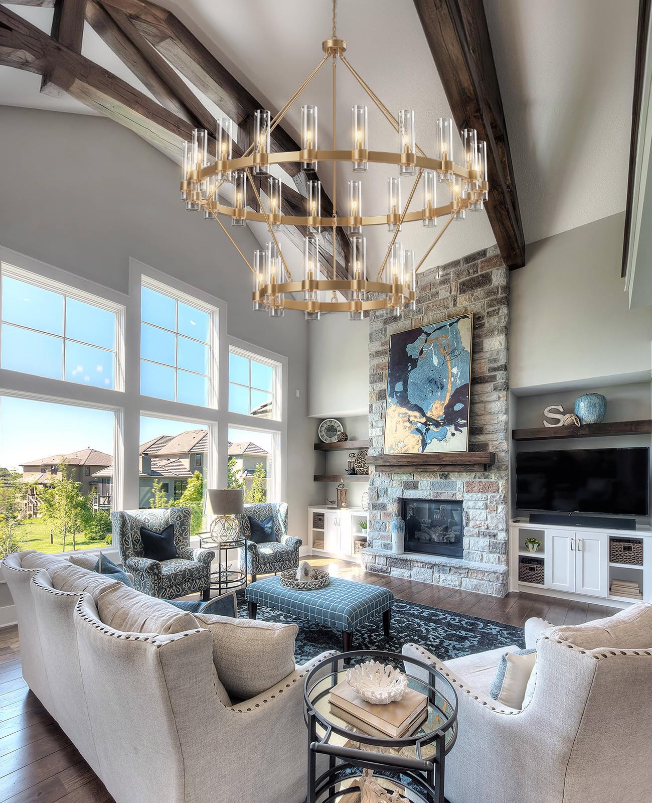 60 Inch Gold Chandelier, Wagon Wheel Chandelier with Glass Shade, 20 - Lights Large Round Modern Farmhouse High Ceiling Pendant Lighting Fixture for Dining Room, Living Room, Kitchen, Foyer - Camilalamps - B0CNRHR35D