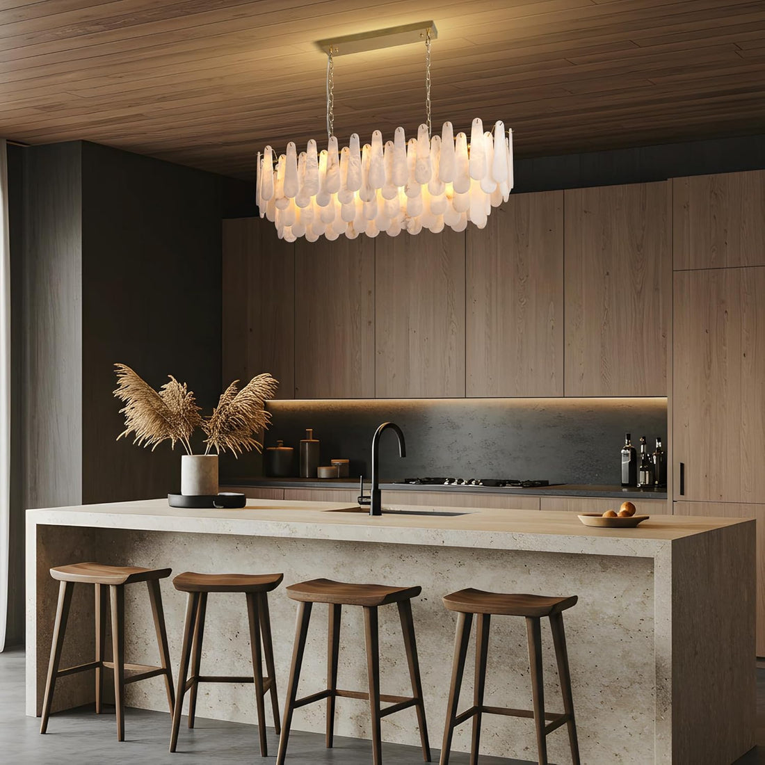 Luxury Modern Alabaster Brass Rectangle Chandelier with Adjustable Height - Camilalamps - CA-B0FHQDKLKH