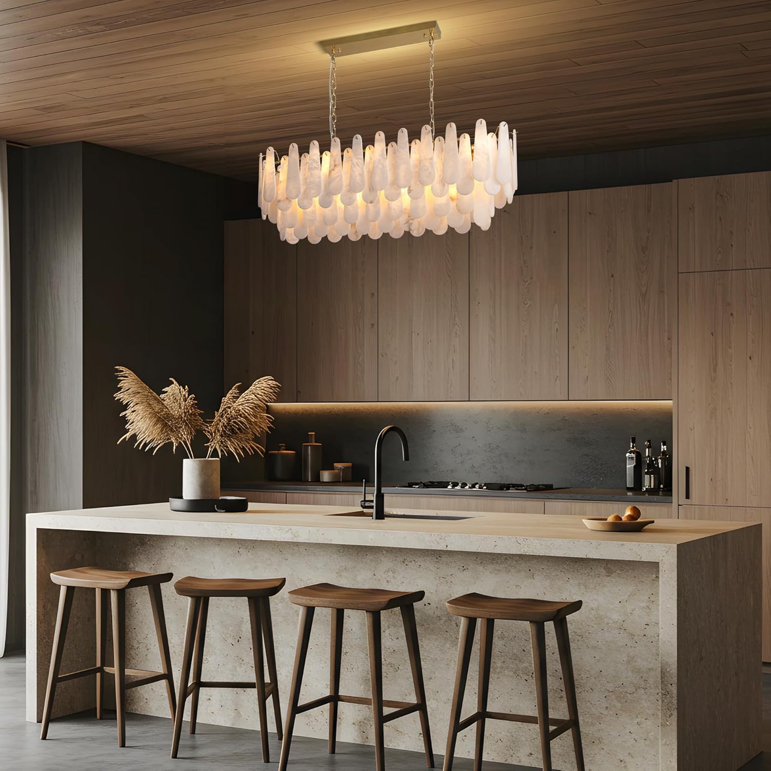 Luxury Modern Alabaster Brass Rectangle Chandelier with Adjustable Height - Camilalamps - CA-B0FHQDKLKH