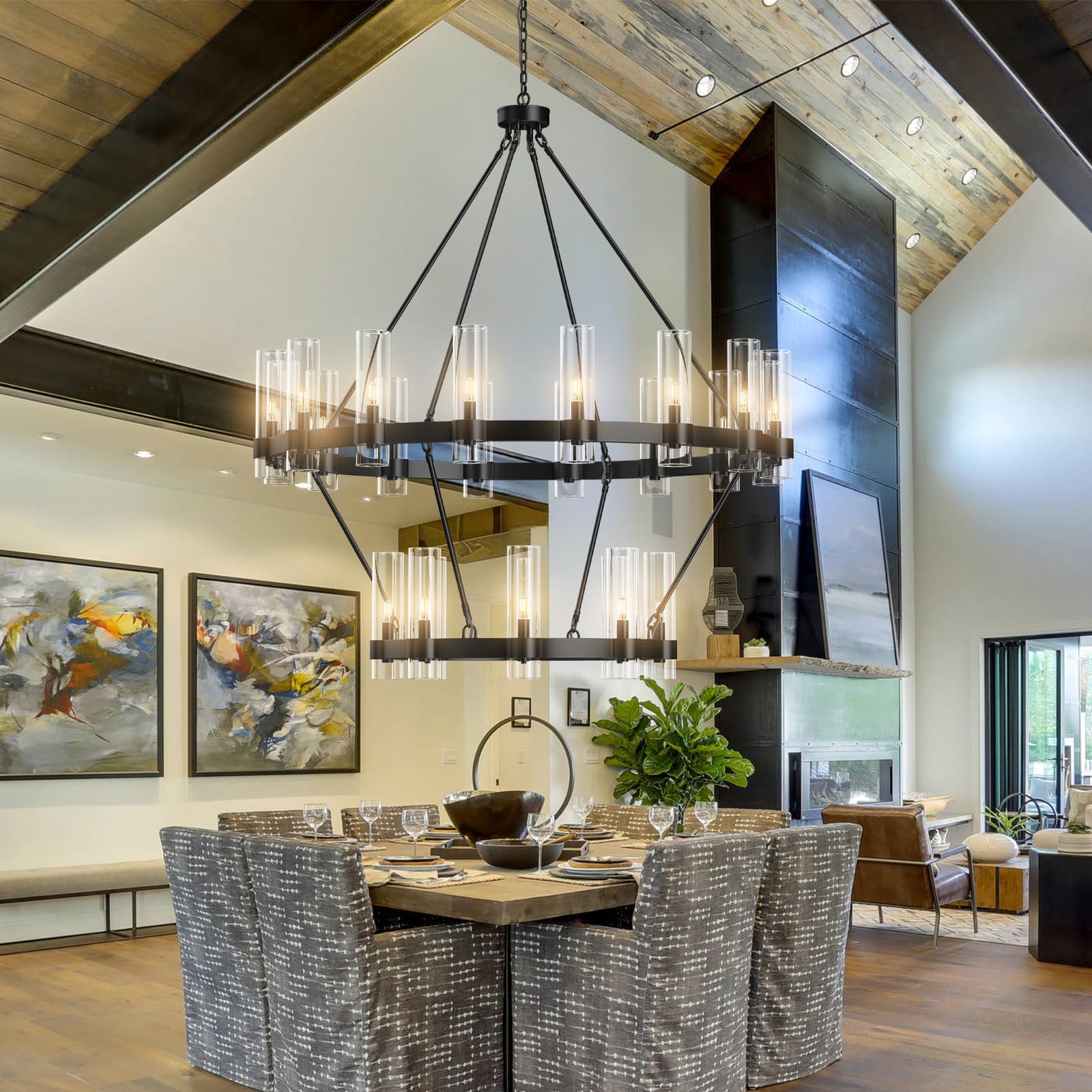 60 Inch Gold Chandelier, Wagon Wheel Chandelier with Glass Shade, 20 - Lights Large Round Modern Farmhouse High Ceiling Pendant Lighting Fixture for Dining Room, Living Room, Kitchen, Foyer - Camilalamps - B0CNRHR35D