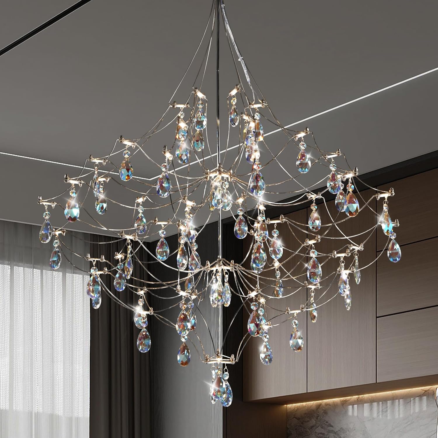 Silver 31.5" Round Crystal Raindrop Chandelier for Modern Homes - Camilalamps - CA-B0FPM628ZH