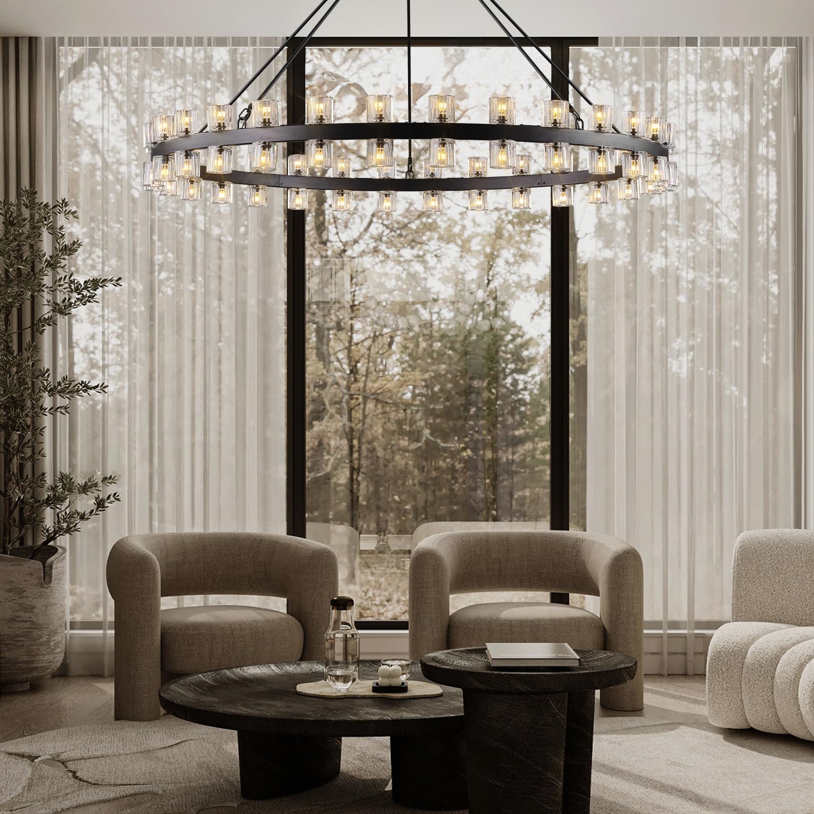48 Inch Black Wagon Wheel Chandelier with Crystal Shade, 48 Lights, Modern Farmhouse Style, Ideal for Dining Room, Kitchen, Entryways - Camilalamps - B0DPJY8R54
