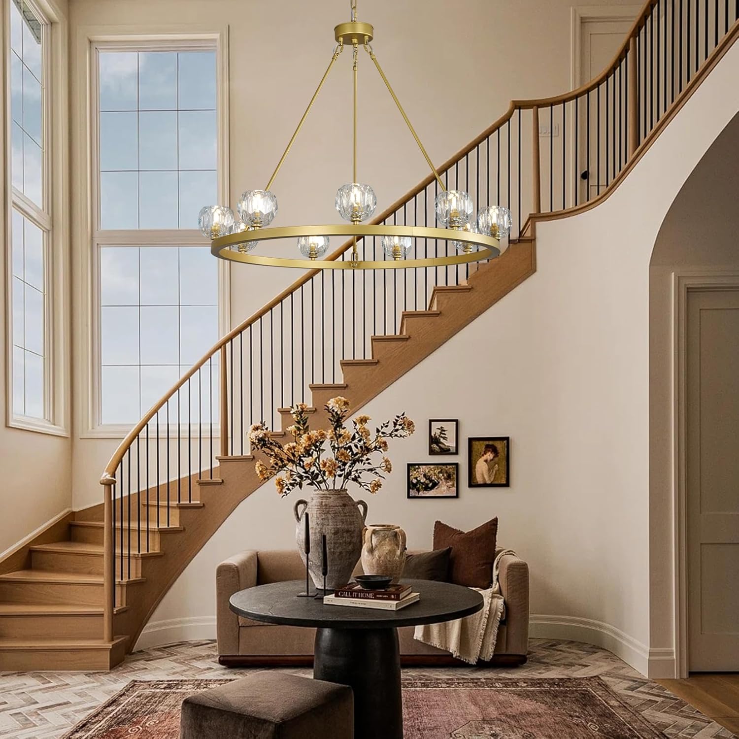 Gold Wagon Wheel Chandelier – 36" 9 - Light Crystal Fixture for Modern Homes - Camilalamps - CA-B0FDVZ41NC