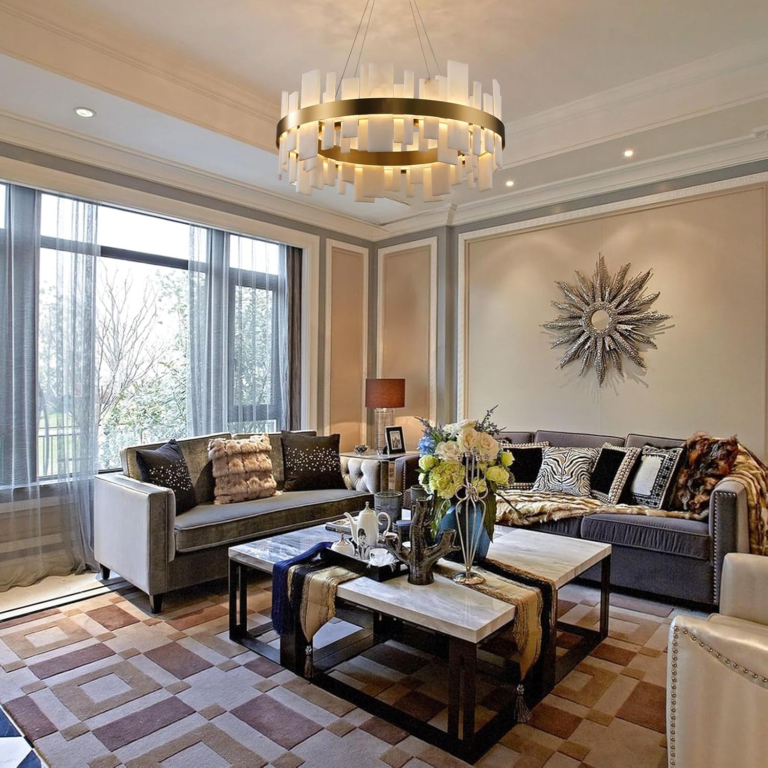 Adjustable Luxury Alabaster Round Chandelier – 31.5in Natural Stone - Camilalamps - CA-B0F1XZS6XQ