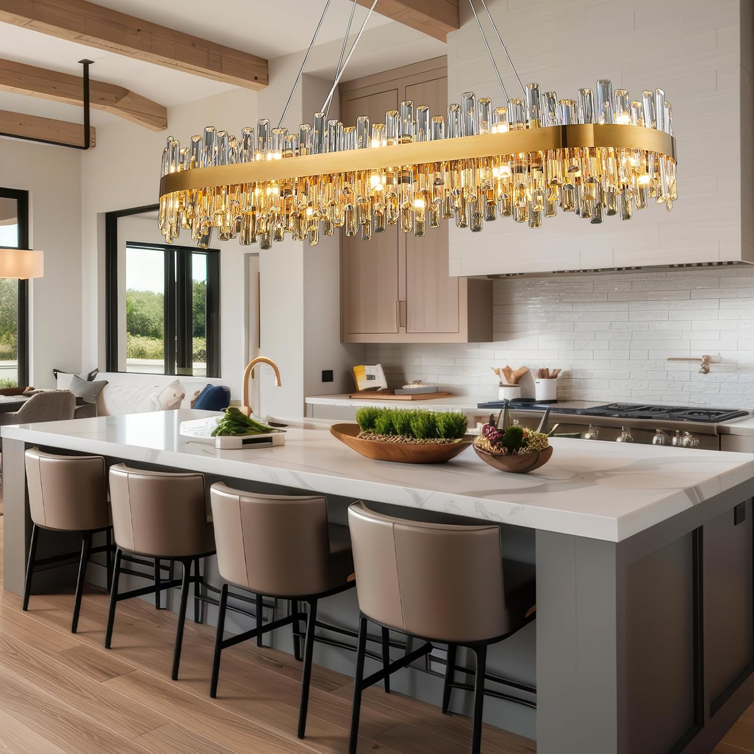 Luxury Gold 2 - Tier Rectangular Crystal Chandelier 52" L Dining - Camilalamps - CA-B0CT8P57Z1