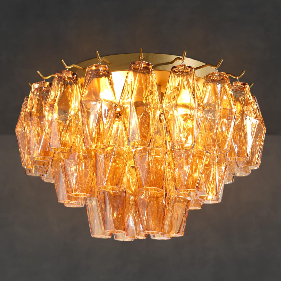 Amber Ceiling Light, 17" Modern Crystal Glass Chandelier for Bedroom, 3-Light Round Flush Mount Ceiling Ligh for Living Room, Bathroom, Hallway, Entryway – Elegant Warm Lighting Fixture