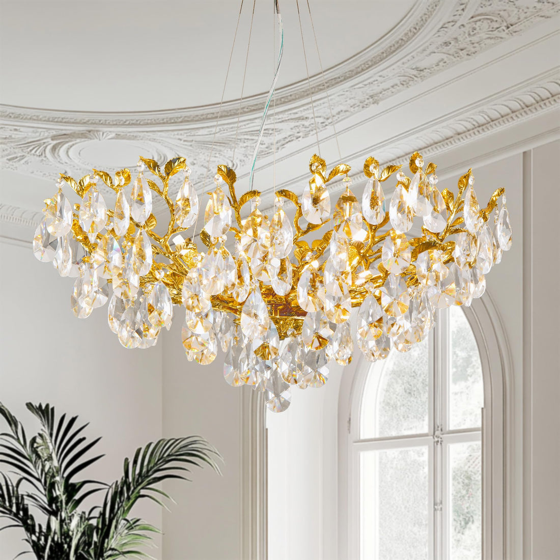 Modern Crystal Chandelier,Silver Ceiling Pendant Flower Hanging Lighting, 31.5" Tree Branch-Leaf Upward Chandelier Light Fixture Perfect for Dining Room, Living Room, Bedroom, Entryway